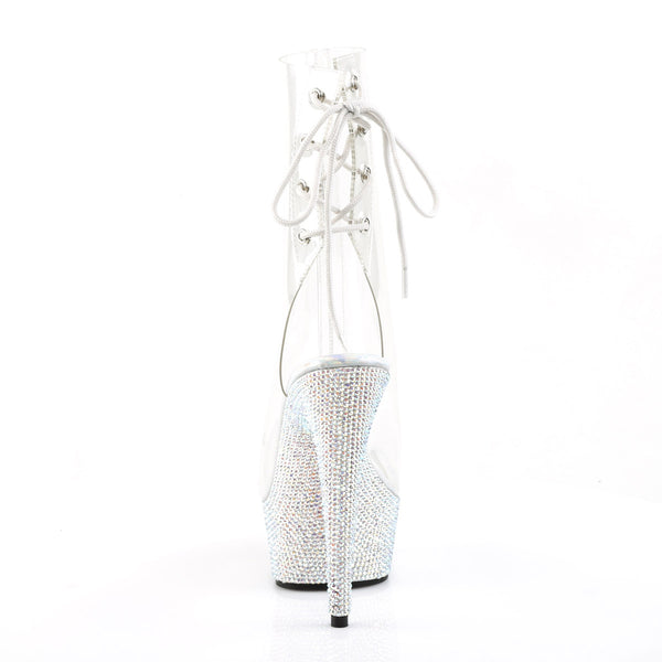 6" Heel, 1 3/4" PF Open Toe/Heel Ankle Boot, Side Zip Clr/Slv Multi RS Pleaser Pleaser BEJEWELED/1018DM/6