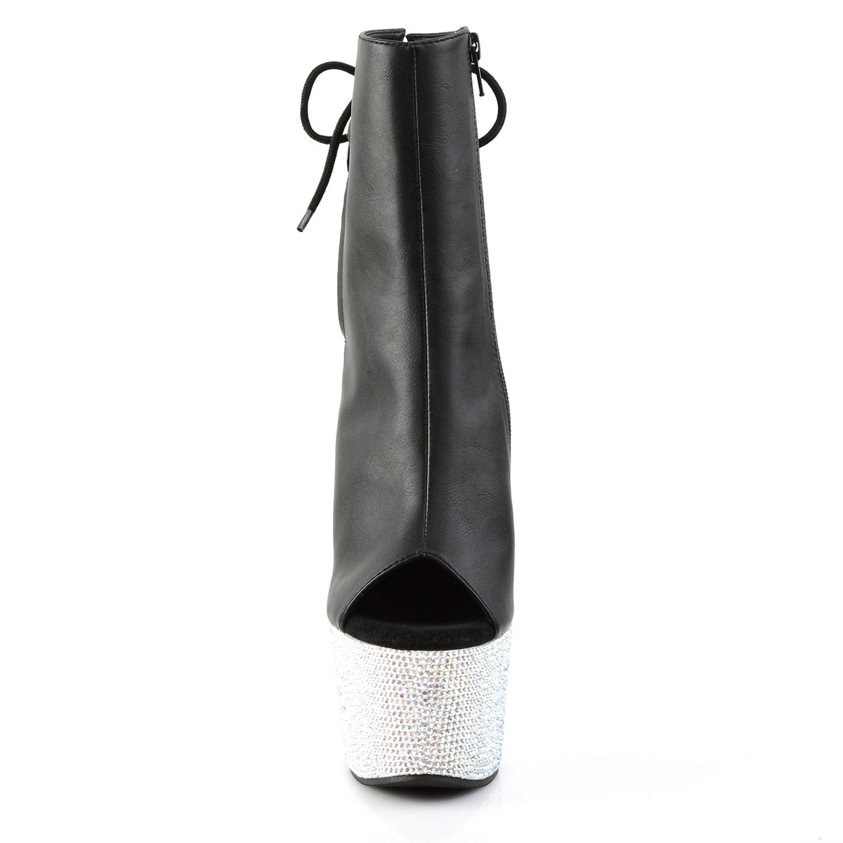 7" Heel, 2 3/4" PF Open Toe/Heel Ankle Boot w/RS, Side Zip Blk Faux Leather/Slv Multi RS Pleaser Pleaser BEJEWELED/1018DM/7