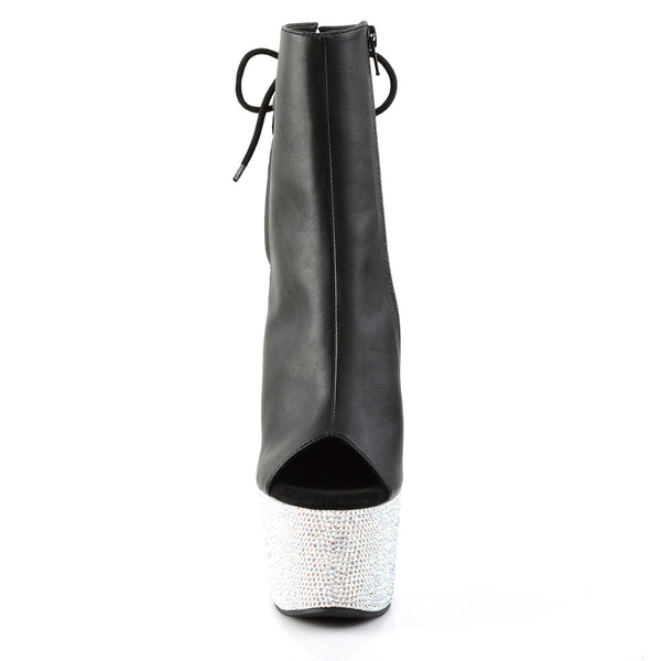 7" Heel, 2 3/4" PF Open Toe/Heel Ankle Boot w/RS, Side Zip Blk Faux Leather/Slv Multi RS Pleaser Pleaser BEJEWELED/1018DM/7