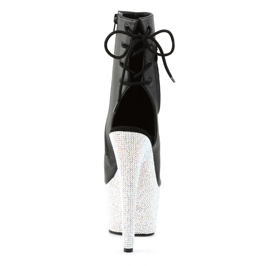 7" Heel, 2 3/4" PF Open Toe/Heel Ankle Boot w/RS, Side Zip Blk Faux Leather/Slv Multi RS Pleaser Pleaser BEJEWELED/1018DM/7