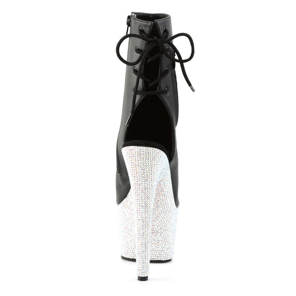 7" Heel, 2 3/4" PF Open Toe/Heel Ankle Boot w/RS, Side Zip Blk Faux Leather/Slv Multi RS Pleaser Pleaser BEJEWELED/1018DM/7