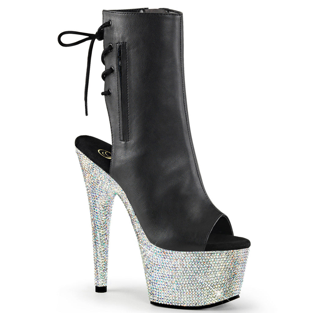 7" Heel, 2 3/4" PF Open Toe/Heel Ankle Boot w/RS, Side Zip Blk Faux Leather/Slv Multi RS Pleaser Pleaser BEJEWELED/1018DM/7