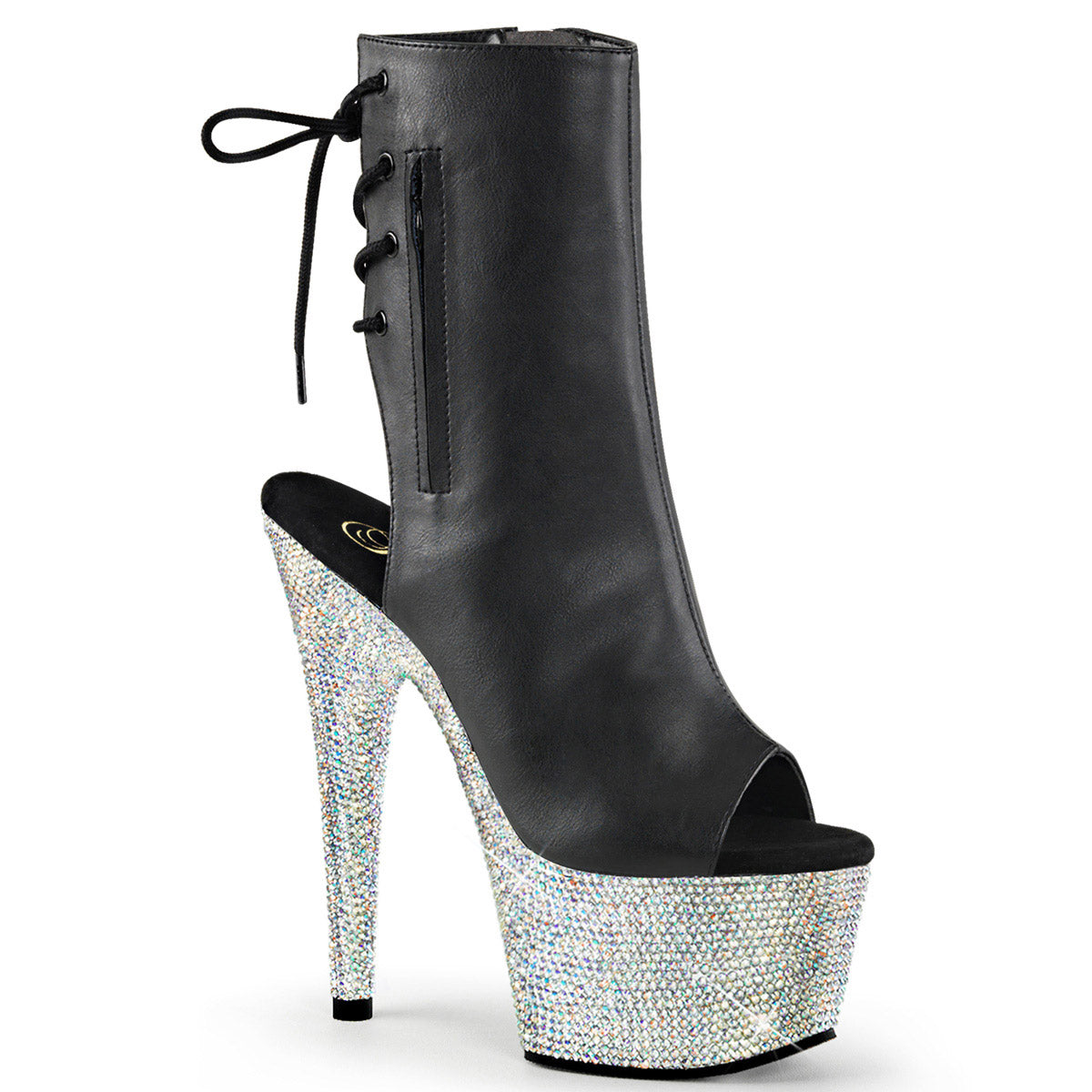 7" Heel, 2 3/4" PF Open Toe/Heel Ankle Boot w/RS, Side Zip Blk Faux Leather/Slv Multi RS Pleaser Pleaser BEJEWELED/1018DM/7