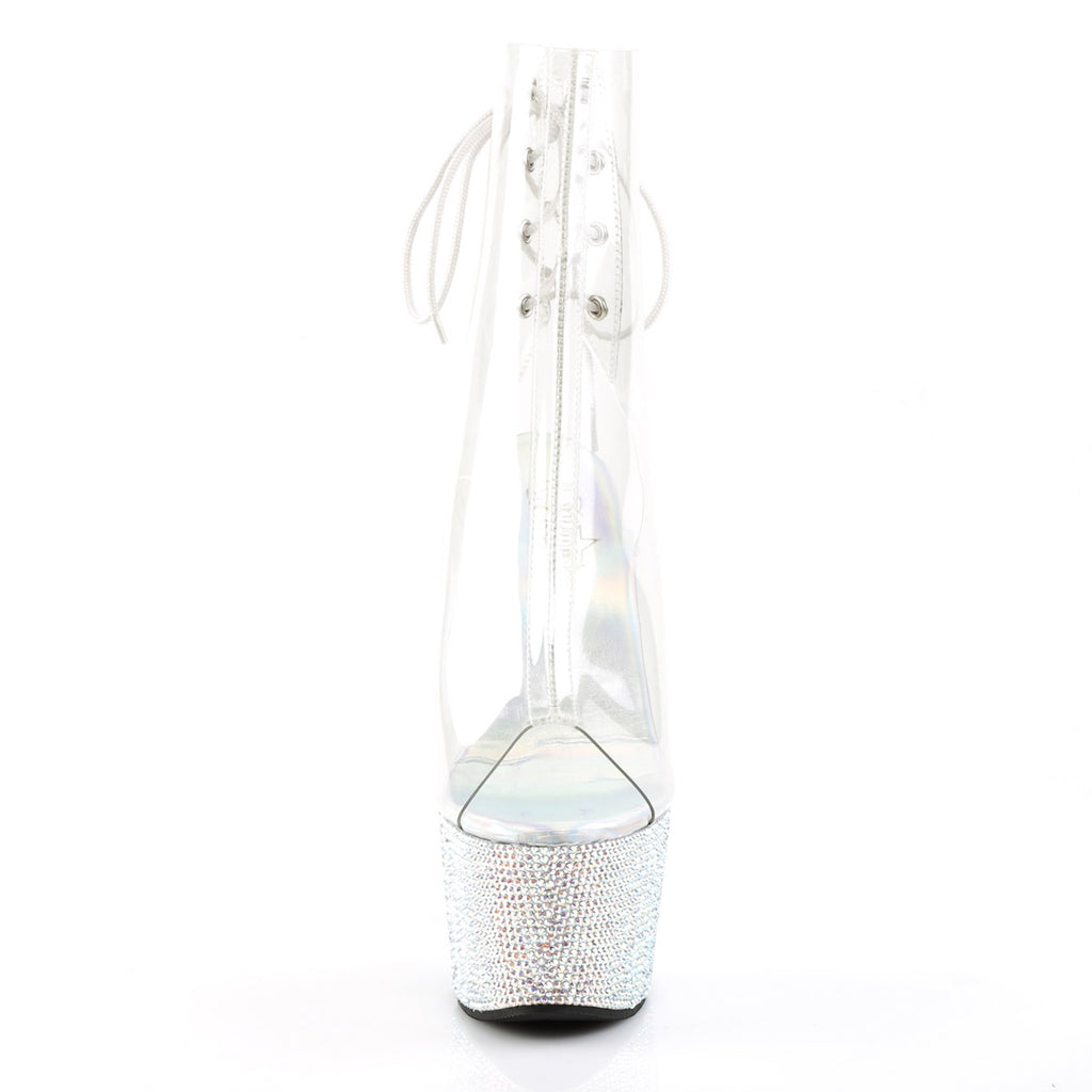 7" Heel, 2 3/4" PF Open Toe/Heel Ankle Boot, Side Zip Clr/Slv Multi RS Pleaser Pleaser BEJEWELED/1018DM/7