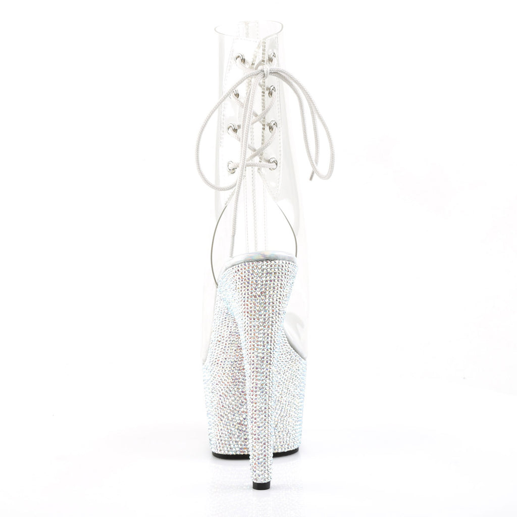 7" Heel, 2 3/4" PF Open Toe/Heel Ankle Boot, Side Zip Clr/Slv Multi RS Pleaser Pleaser BEJEWELED/1018DM/7