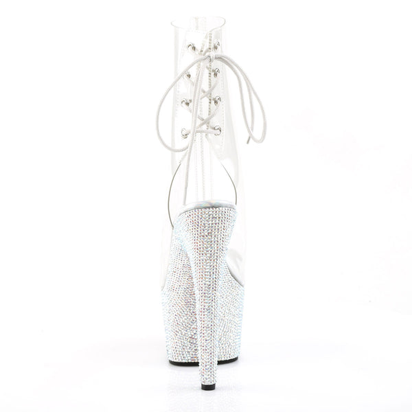 7" Heel, 2 3/4" PF Open Toe/Heel Ankle Boot, Side Zip Clr/Slv Multi RS Pleaser Pleaser BEJEWELED/1018DM/7