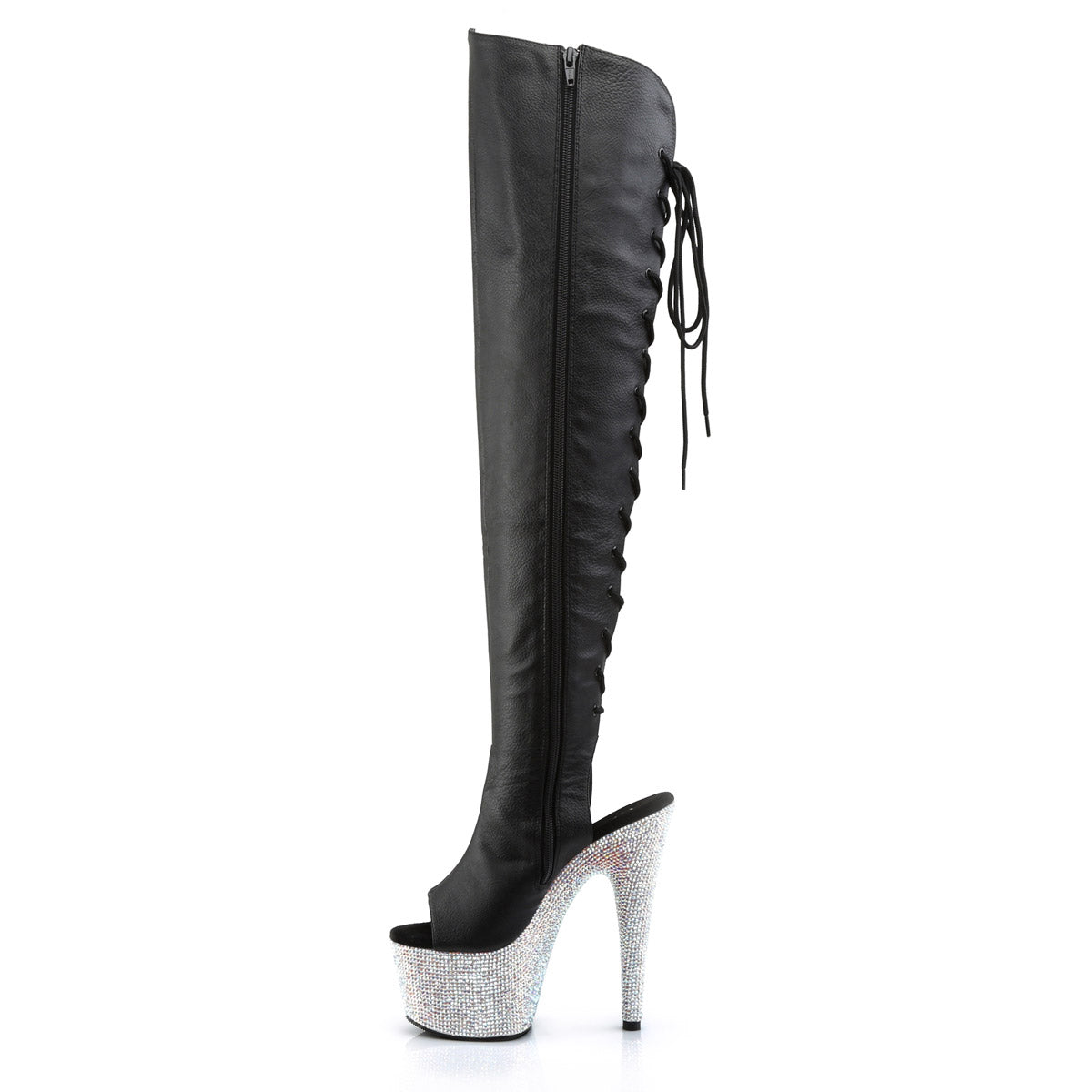 7" Heel, 2 3/4"Pf Open Toe/Heel Over-The Knee Boot, Side Zip Pleaser Pleaser BEJEWELED/3019DM/7