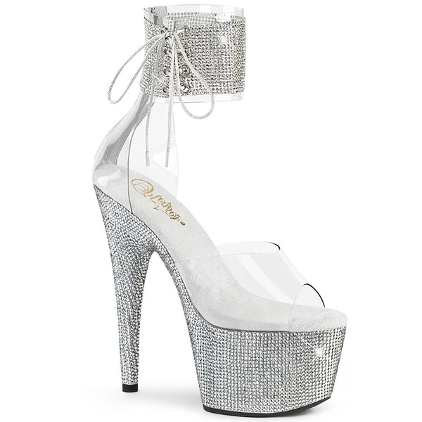 7" Heel, 2" PF Ankle Cuff Sandal w/RS, Back Zip Pleaser Pleaser BEJEWELED/724RS