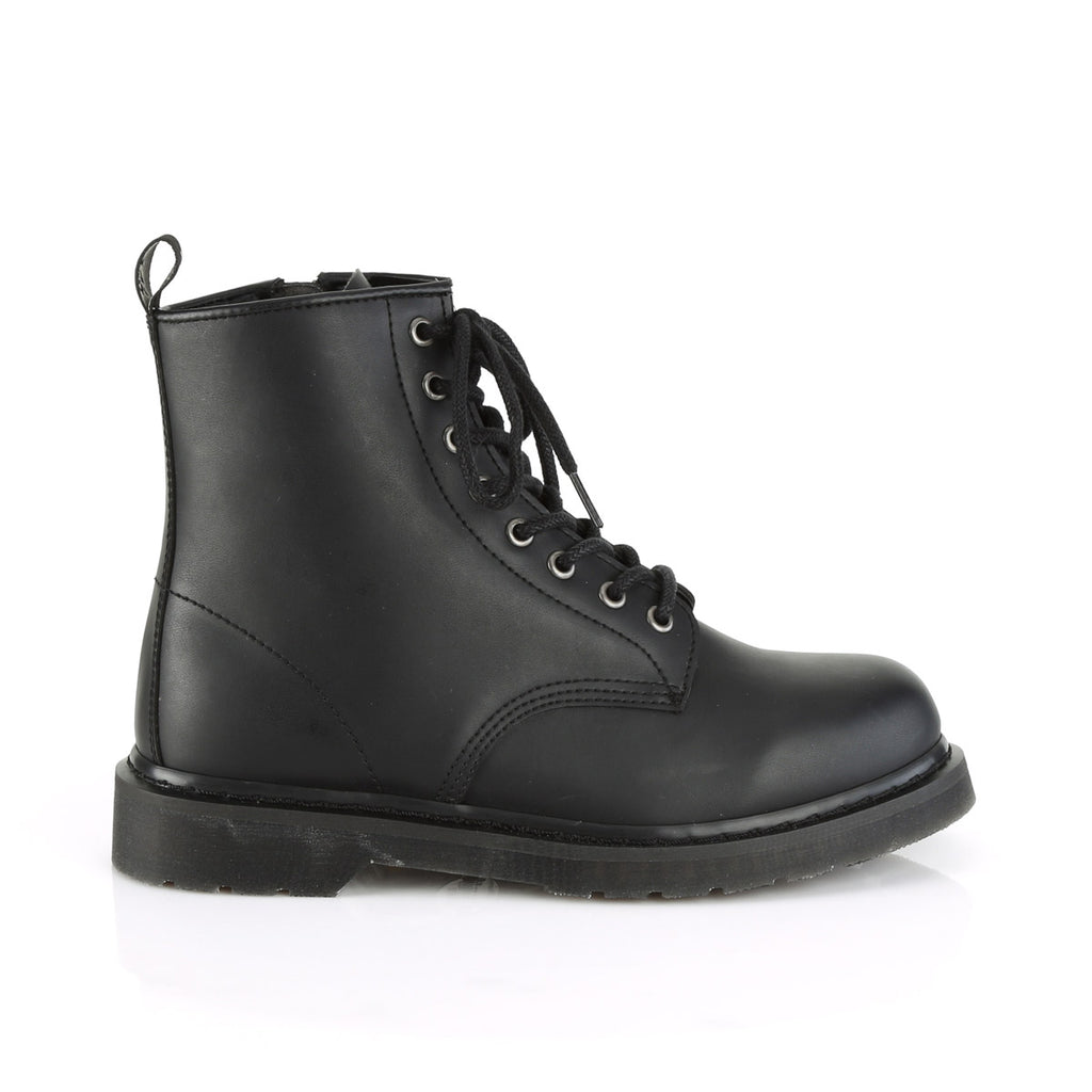1 1/4" Heel 8-Eyelet Mid Calf Unisex Vegan Boot, Side Zip Pleaser Demonia BOLT/100
