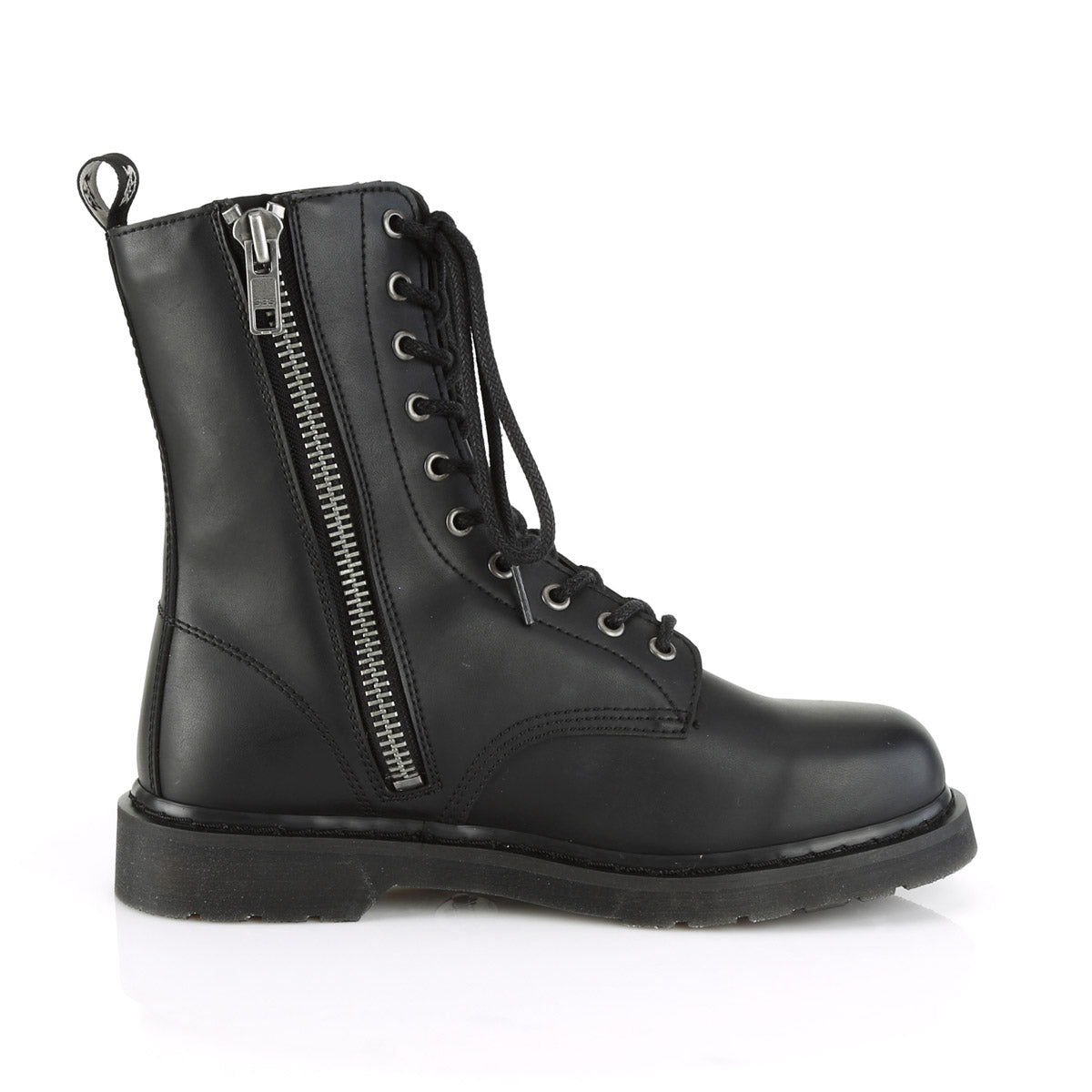 1 1/4" Heel 10-Eyelet Mid Calf Unisex Vegan Boot, Side Zip Pleaser Demonia BOLT/200