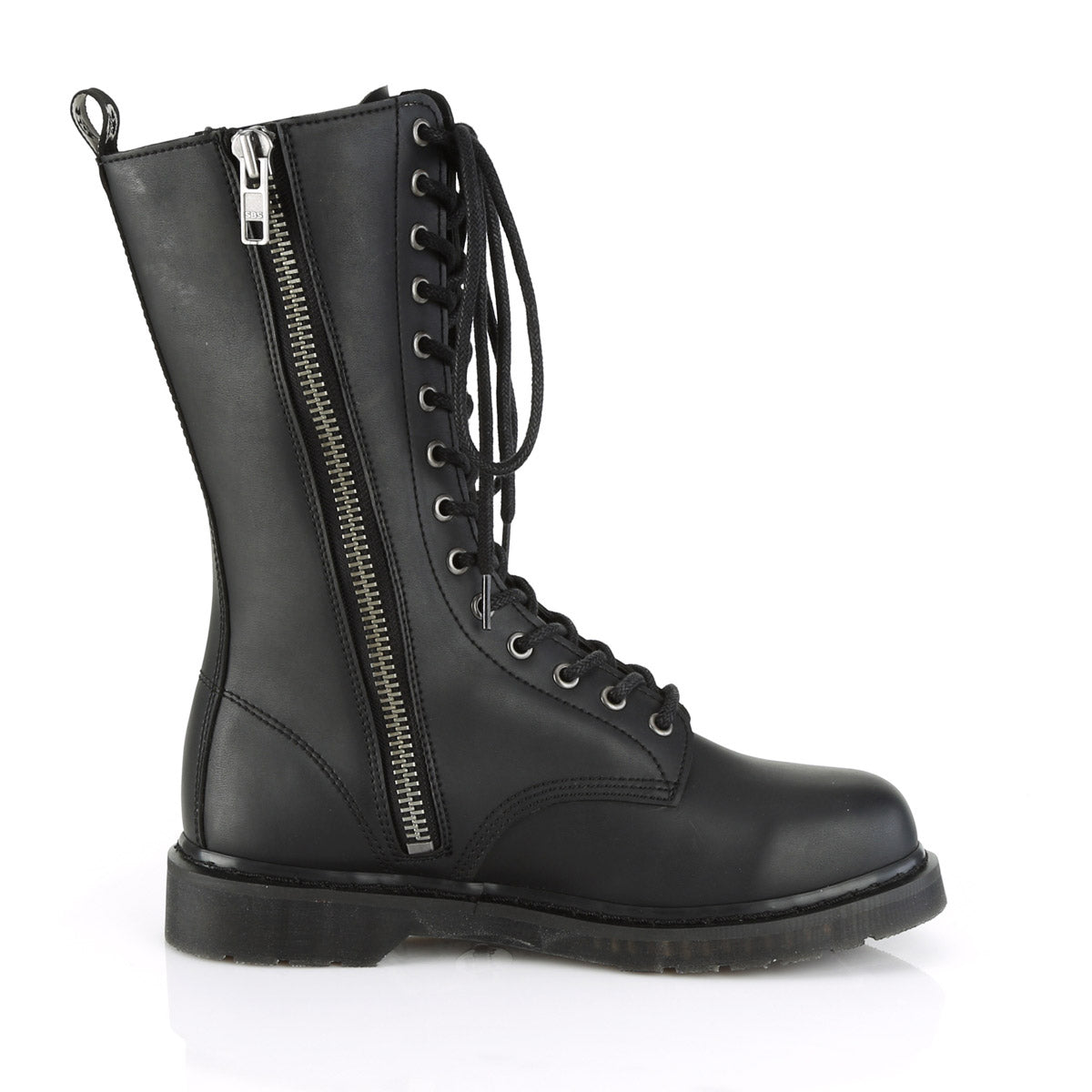 1 1/4" Heel 14-Eyelet Mid Calf Unisex Vegan Boot, Side Zip Pleaser Demonia BOLT/300