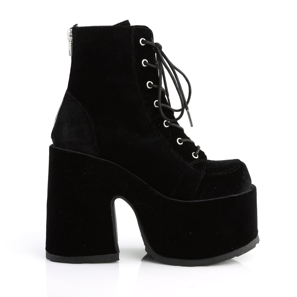 5" Chunky Heel, 3" P/F Lace-Up Ankle Boot, Metal Back Zip Pleaser Demonia CAM203/BVEL
