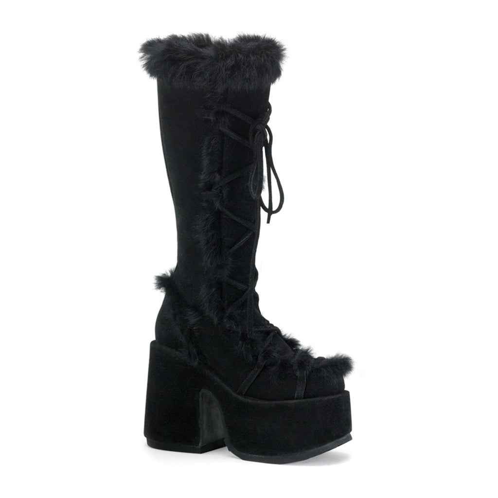 Goth Punk Faux Suede Rabbit Fur Knee High Platform Go Go Boots Shoes Pleaser Demonia CAMEL/311