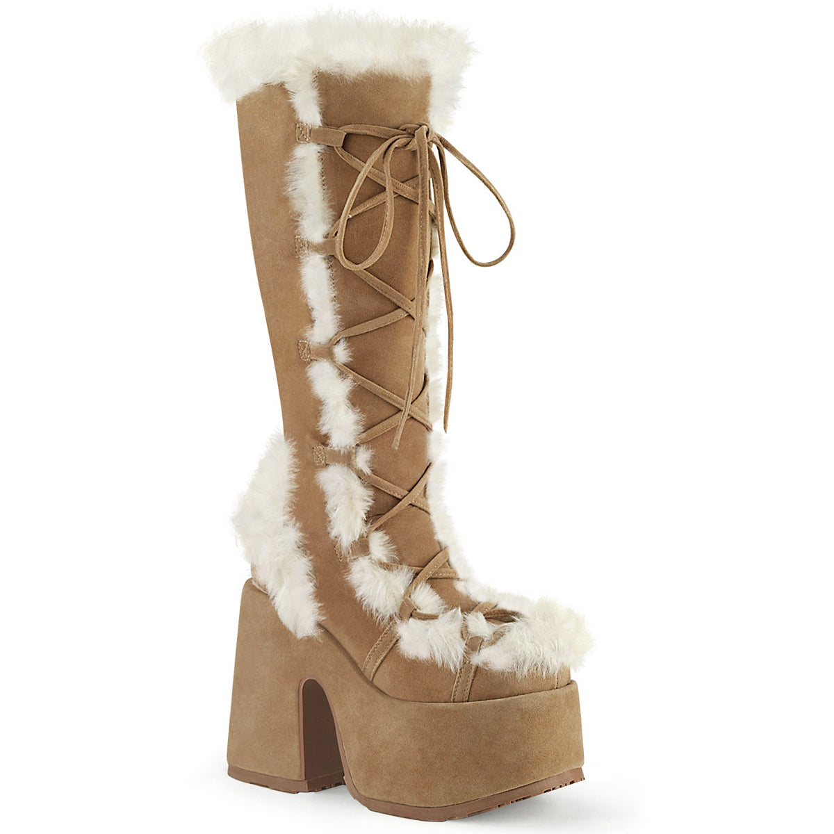 5" Chunky Heel, 3" P/F Lace-Up Knee High Boot, Side Zip Pleaser Demonia CAMEL/311