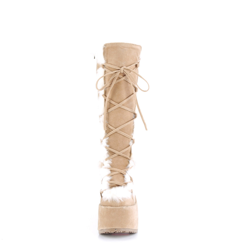 5" Chunky Heel, 3" P/F Lace-Up Knee High Boot, Side Zip Pleaser Demonia CAMEL/311