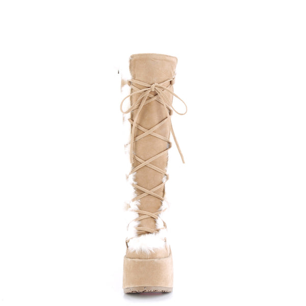 5" Chunky Heel, 3" P/F Lace-Up Knee High Boot, Side Zip Pleaser Demonia CAMEL/311