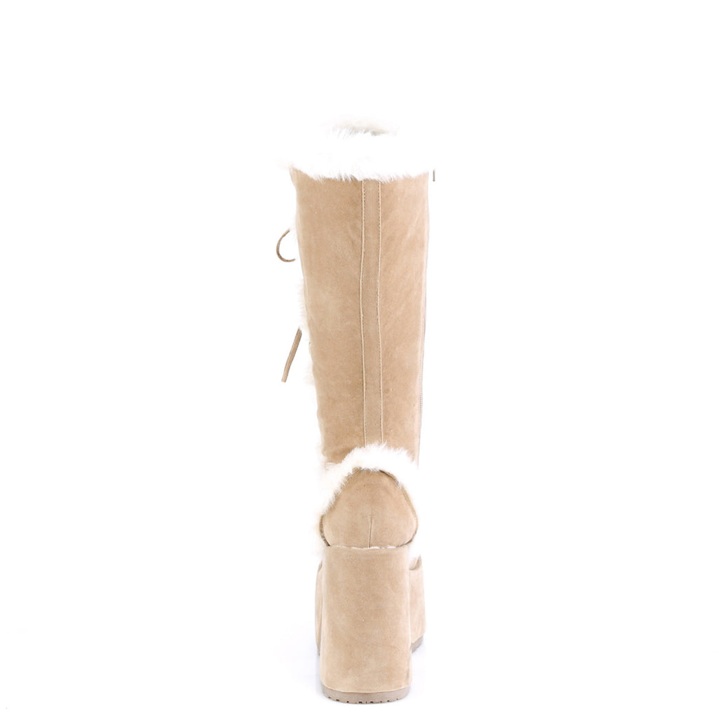 5" Chunky Heel, 3" P/F Lace-Up Knee High Boot, Side Zip Pleaser Demonia CAMEL/311