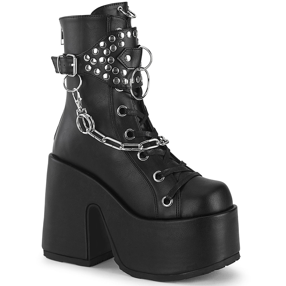 5" Chunky Heel, 3" P/F Lace-Up Mid-Calf Boot, Back Zip Pleaser Demonia CAMEL/65