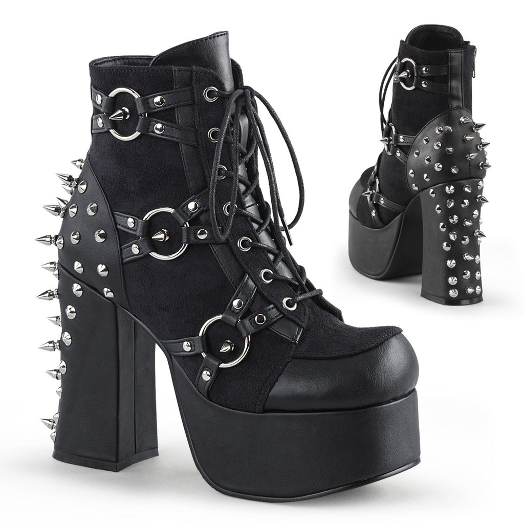 4 1/2" Heel, 2" PF Lace-Up Front Ankle Boot w/ Studs Blk Vegan Leather-Suede Pleaser Demonia CHARADE/100