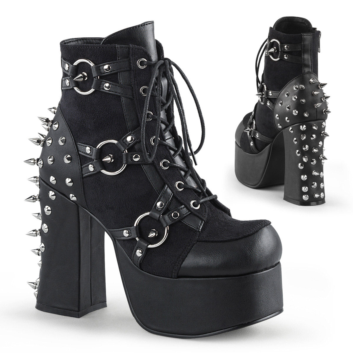 4 1/2" Heel, 2" PF Lace-Up Front Ankle Boot w/ Studs Blk Vegan Leather-Suede Pleaser Demonia CHARADE/100