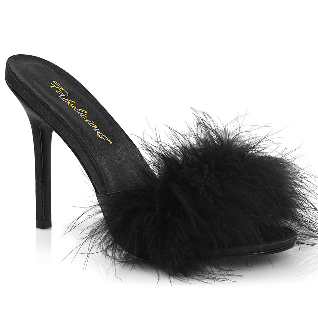 4" Heel Marabou Slipper Blk Pu-Fur Pleaser Fabulicious CLASSIQUE/01F