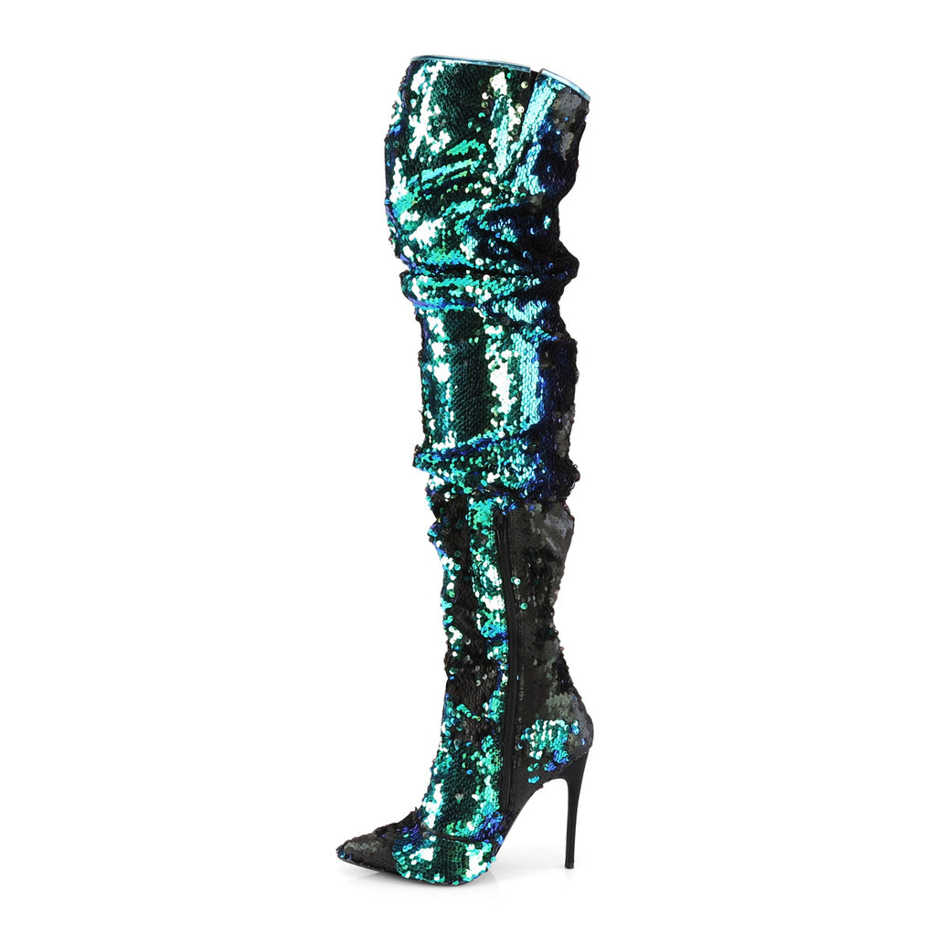 5" Ruched Sequined Thigh High Boot, 1/3 Side Zip Pleaser Pleaser COURTLY/3011