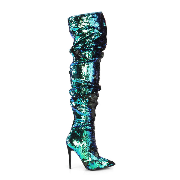 5" Ruched Sequined Thigh High Boot, 1/3 Side Zip Pleaser Pleaser COURTLY/3011