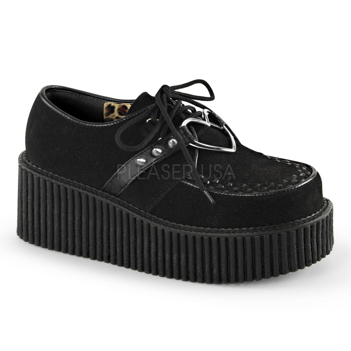 3" PF Creeper w/Heart O-Ring & Spikes Detail Blk Vegan Suede-Vegan Leather Pleaser Demonia CRE206/BVS-VL