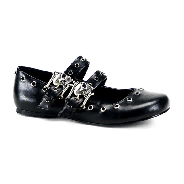 Spooky Skull Buckle Double Strap Mary Jane Eyelet Ballet Flats Shoes Pleaser Demonia DAISY/03