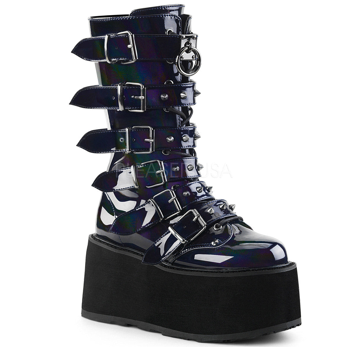 3 1/2" PF Mid-Calf Boot w/ 6 Buckle Straps, Metal Side Zip Pleaser Demonia DAM225/BHG