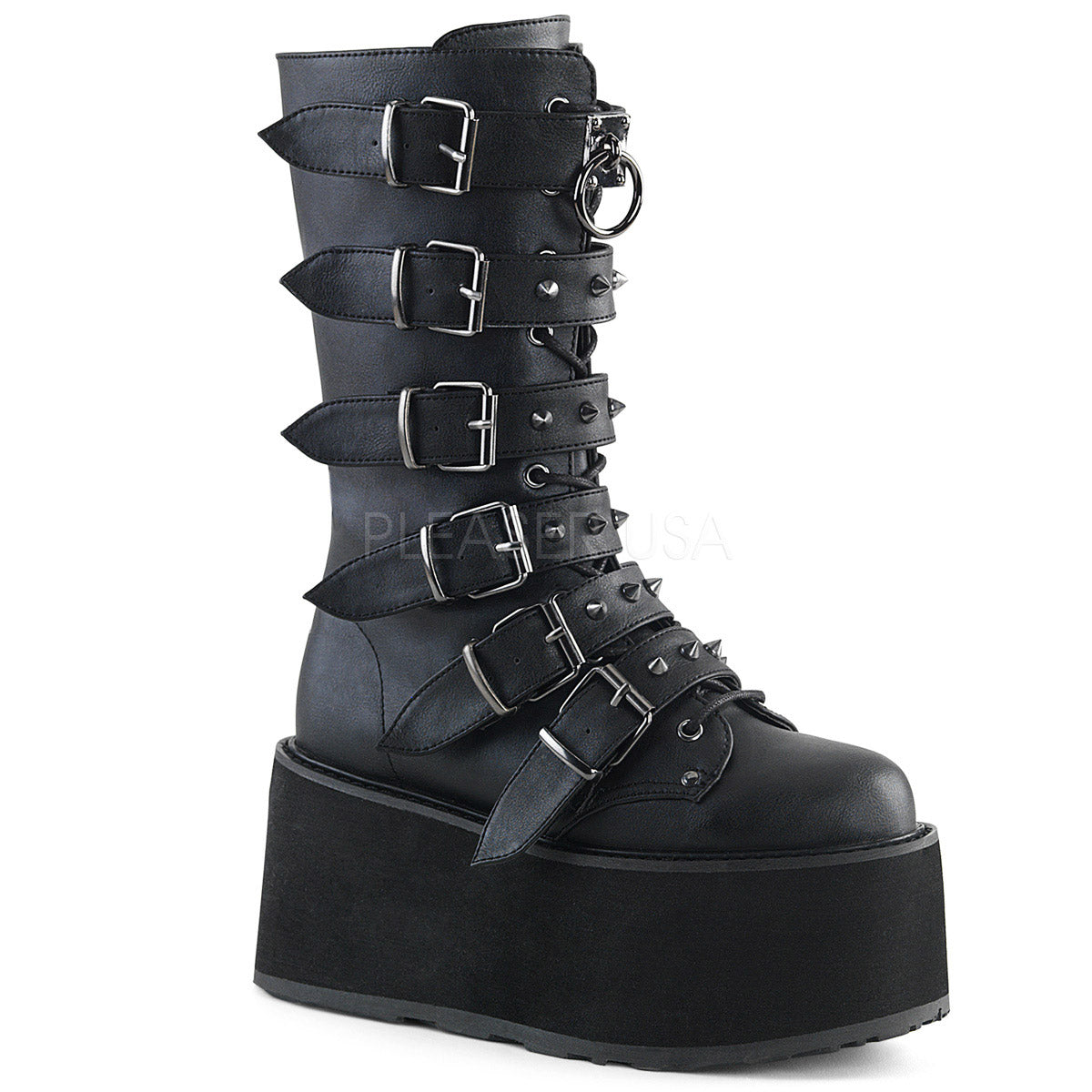 3 1/2" PF Mid-Calf Boot w/ 6 Buckle Straps, Metal Side Zip Pleaser Demonia DAM225/BVL