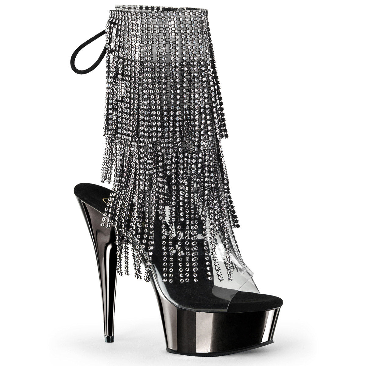 6" Heel, 1 3/4" PF Open Toe/Heel Lace-Up Fringe Ankle Boot Clr-Blk/Dark Pewter Chrome Pleaser Pleaser DELIGHT/1017RSF Main image