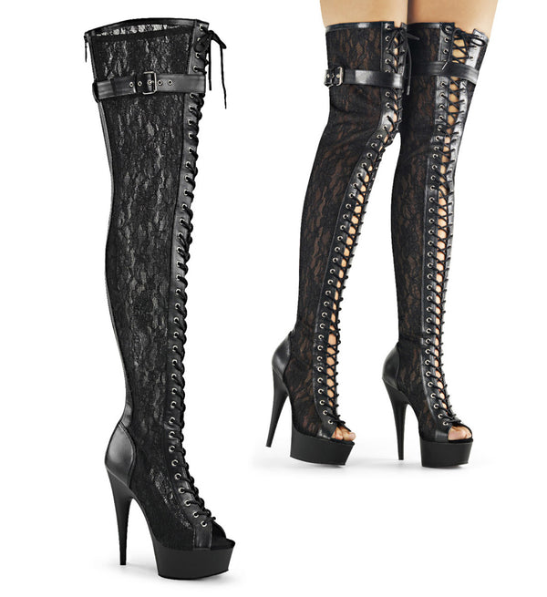 Sexy Lace Up Thigh Mesh Platform Stiletto High Heel Boots Shoes Pleaser Pleaser DELIGHT/3025ML