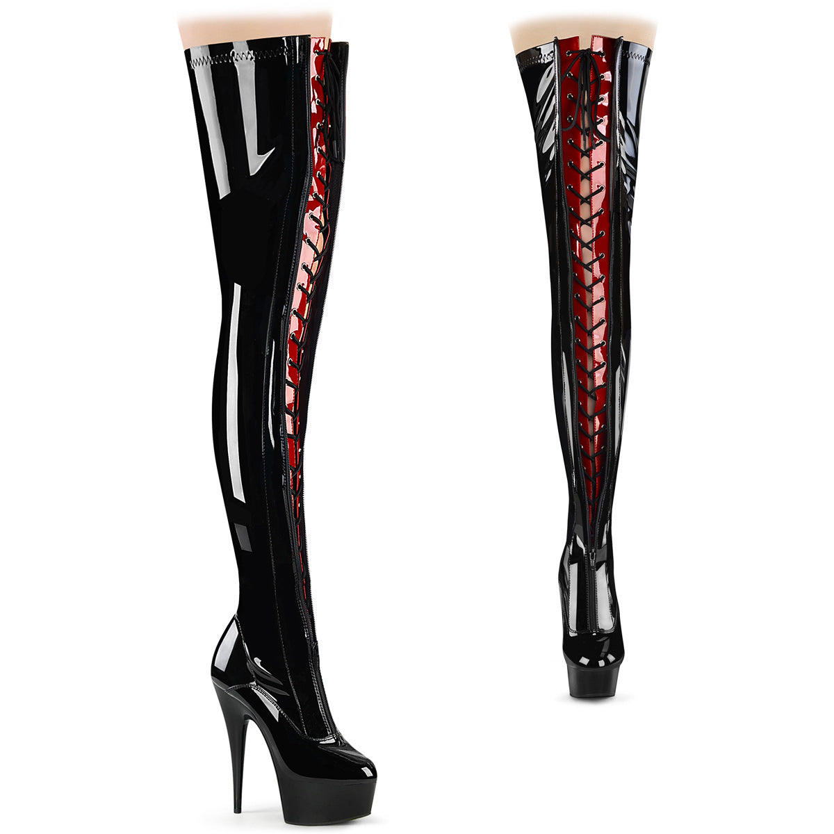 6" Heel, 1 3/4" Pf Two Tone Thigh High Boot, Front Zip Pleaser  DEL3027/B-R/B Main image