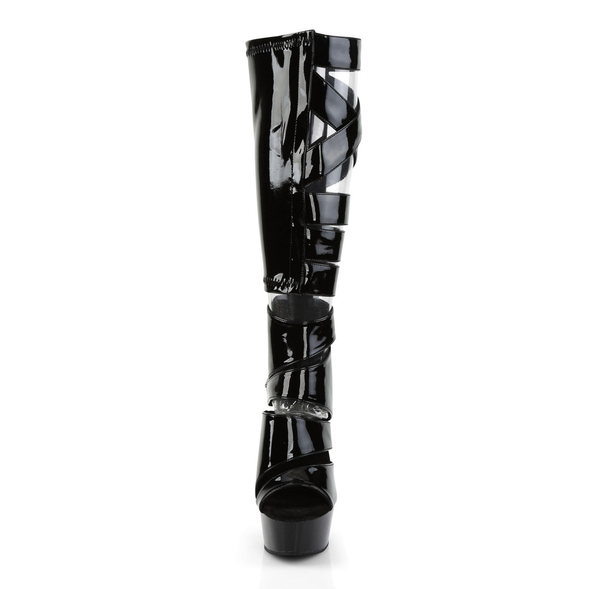 6" Heel, 1 3/4" PF Knee High Gladiator Boot, Back Zip Blk Str Pat/Blk Pleaser Pleaser DELIGHT/600/49