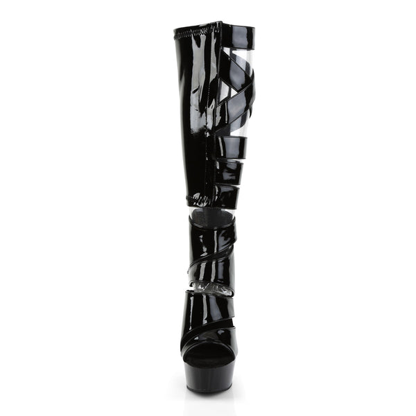 6" Heel, 1 3/4" PF Knee High Gladiator Boot, Back Zip Blk Str Pat/Blk Pleaser Pleaser DELIGHT/600/49