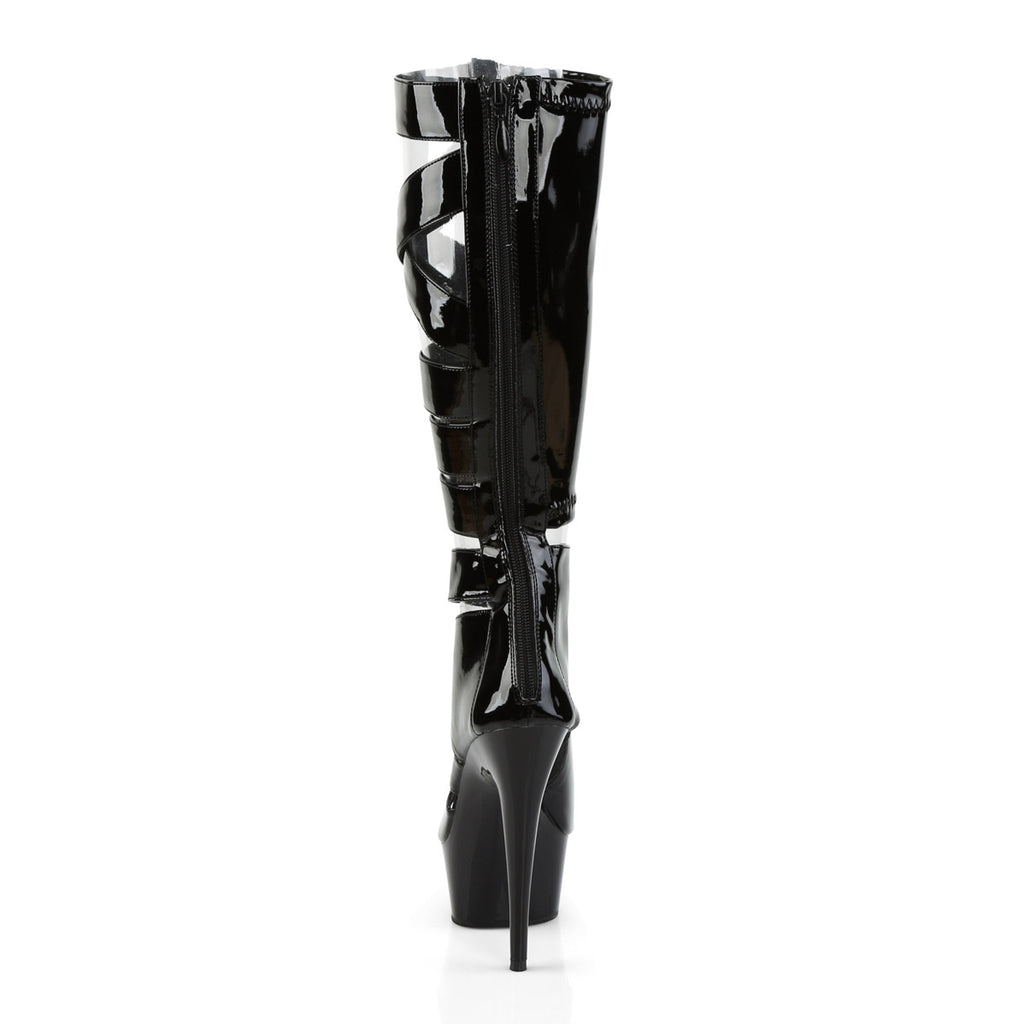 6" Heel, 1 3/4" PF Knee High Gladiator Boot, Back Zip Blk Str Pat/Blk Pleaser Pleaser DELIGHT/600/49