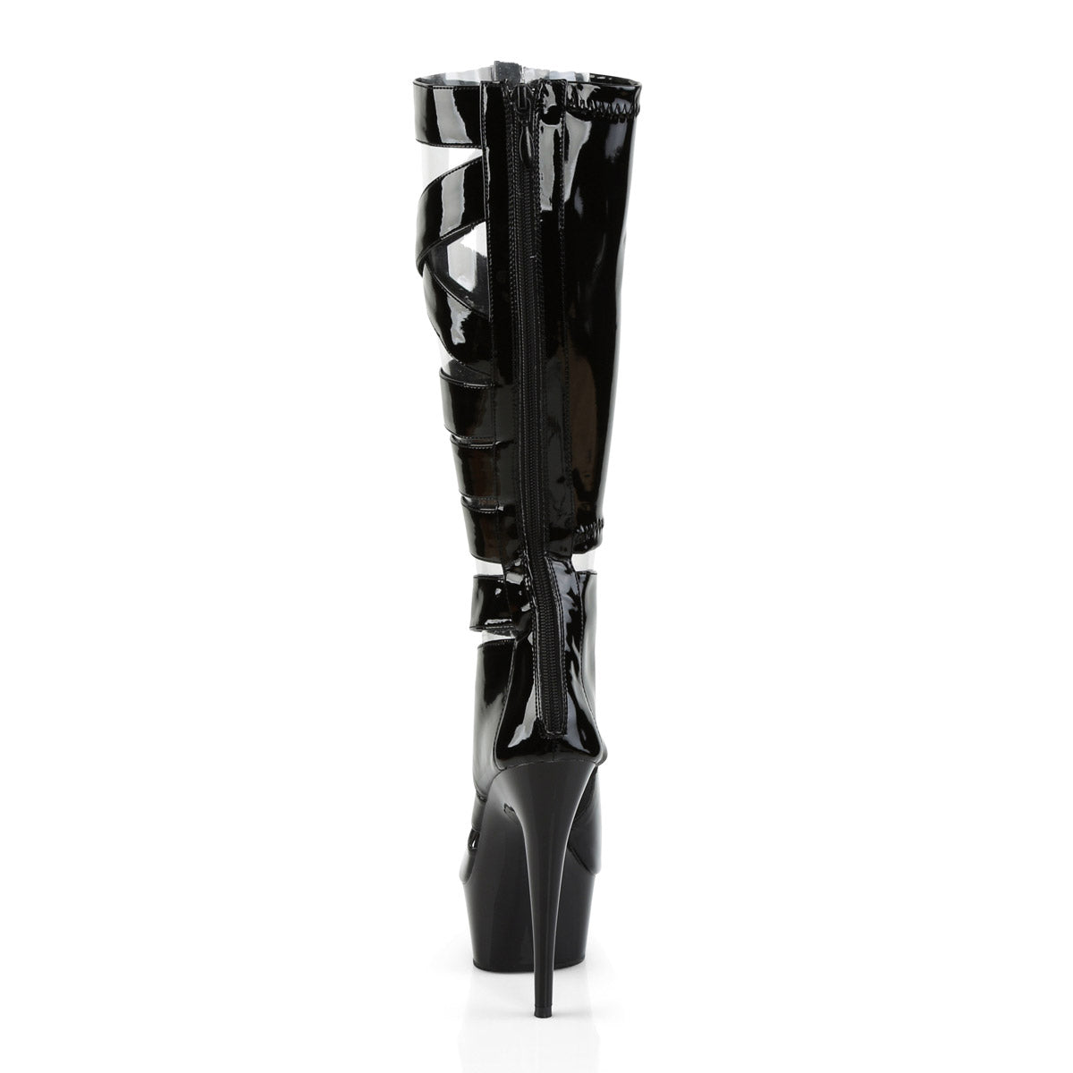 6" Heel, 1 3/4" PF Knee High Gladiator Boot, Back Zip Blk Str Pat/Blk Pleaser Pleaser DELIGHT/600/49