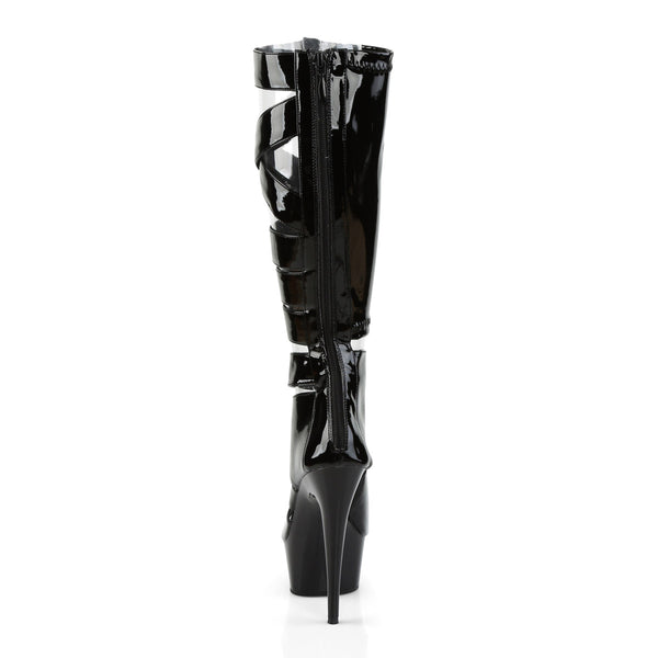 6" Heel, 1 3/4" PF Knee High Gladiator Boot, Back Zip Blk Str Pat/Blk Pleaser Pleaser DELIGHT/600/49
