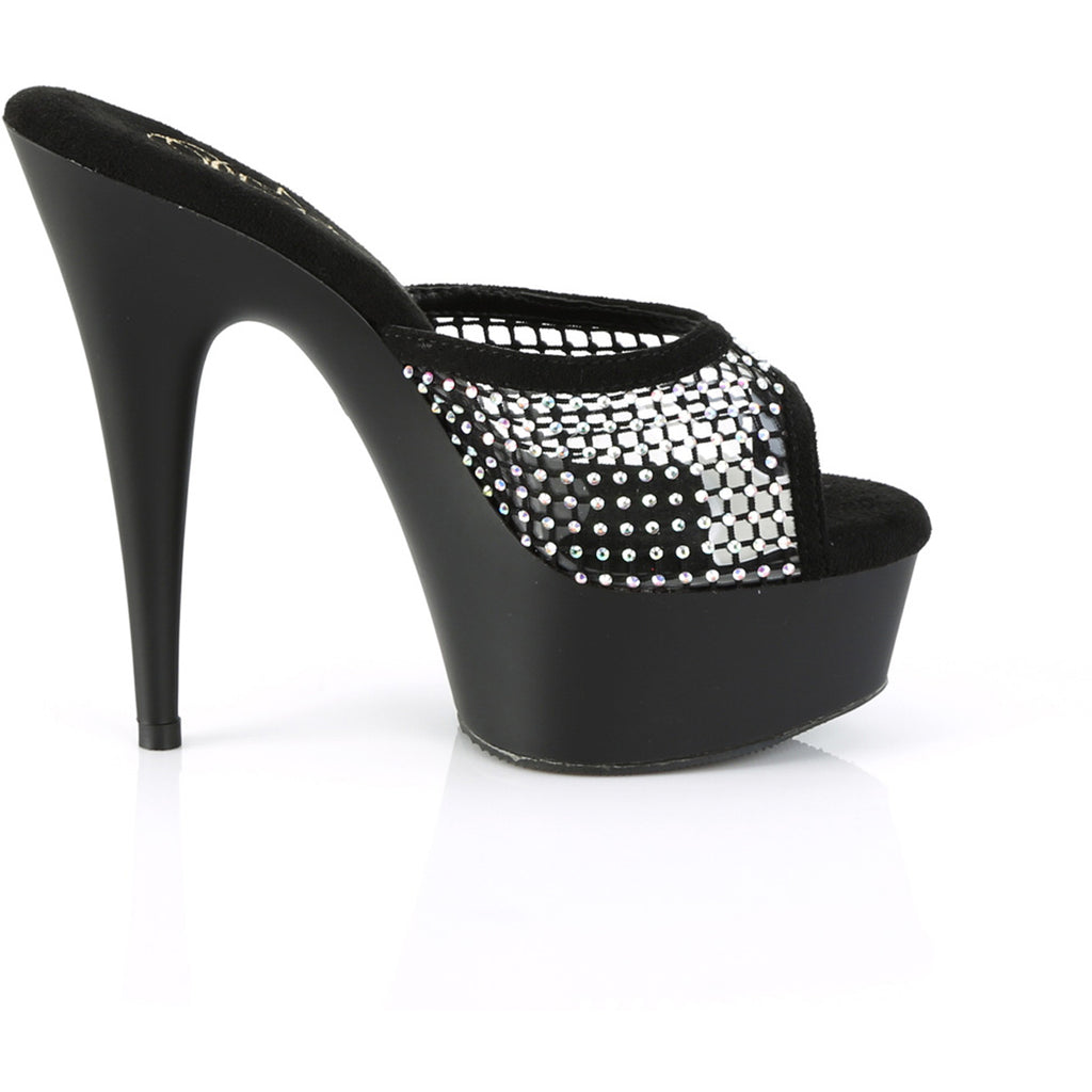 6" Heel, 1 3/4" Pf Rhinestone Mesh Slide Pleaser  DEL601-6RM/BFS-RS/M