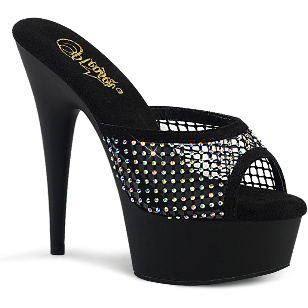 6" Heel, 1 3/4" Pf Rhinestone Mesh Slide Pleaser  DEL601-6RM/BFS-RS/M