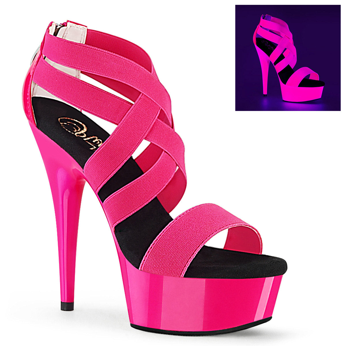 6" Heel, 1" PF UV Reactive Criss Cross Sandal, Back Zip Pleaser Pleaser DELIGHT/669UV Main image