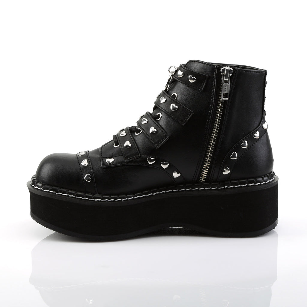2" Platform Lace-Up Front/ Buckle Strap Ankle Boot, Side Zip Blk Vegan Leather Pleaser Demonia EMI315/BVL