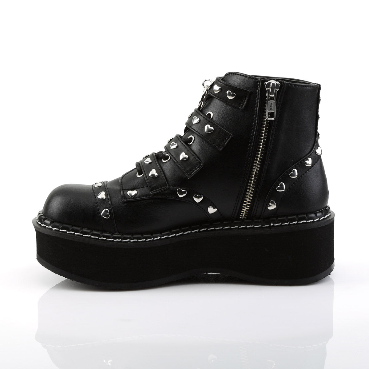 2" Platform Lace-Up Front/ Buckle Strap Ankle Boot, Side Zip Blk Vegan Leather Pleaser Demonia EMI315/BVL