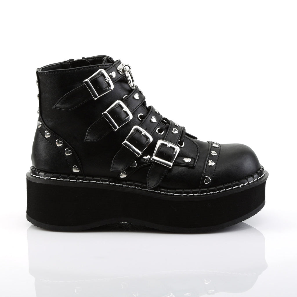 2" Platform Lace-Up Front/ Buckle Strap Ankle Boot, Side Zip Blk Vegan Leather Pleaser Demonia EMI315/BVL