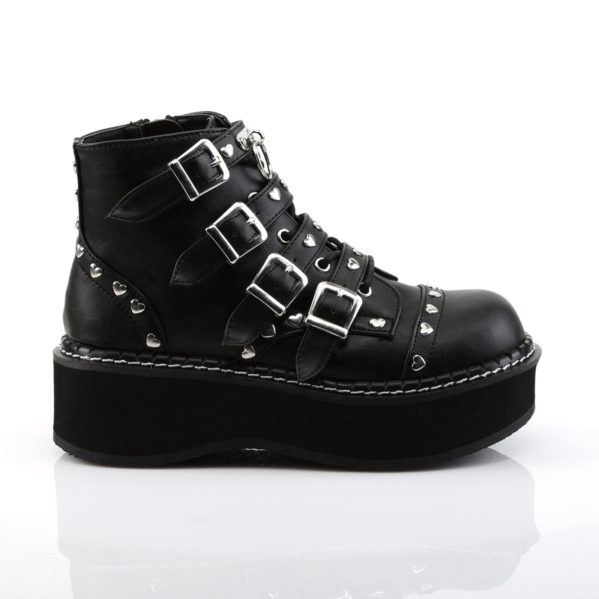 2" Platform Lace-Up Front/ Buckle Strap Ankle Boot, Side Zip Blk Vegan Leather Pleaser Demonia EMI315/BVL