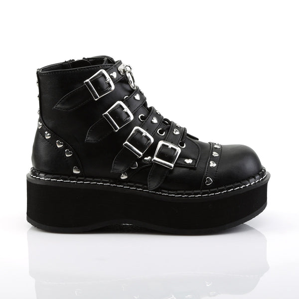 2" Platform Lace-Up Front/ Buckle Strap Ankle Boot, Side Zip Blk Vegan Leather Pleaser Demonia EMI315/BVL