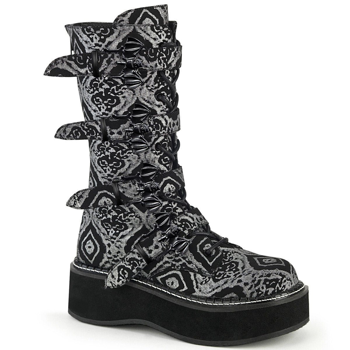2" PF Lace-up Mid-Calf Boot w/ 4 Buckle Straps, Back Zip Pleaser Demonia EMILY/322