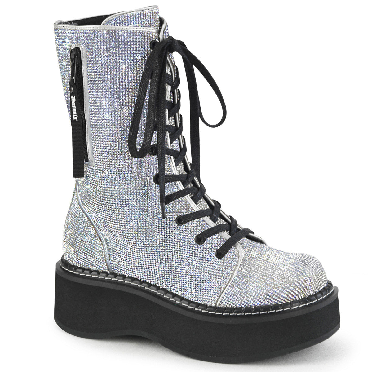 2" PF Calf High Lace-Up Boot W/ Zip Pocket, Metal Side Zip Pleaser Demonia EMILY/362