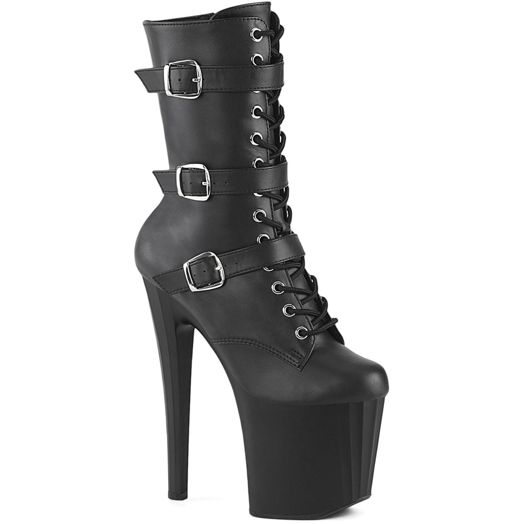 7 1/2" Heel, 3 1/2" Pf Buckled Strap Ankle Boot, Side Zip Pleaser Pleaser ENCHANT/1043